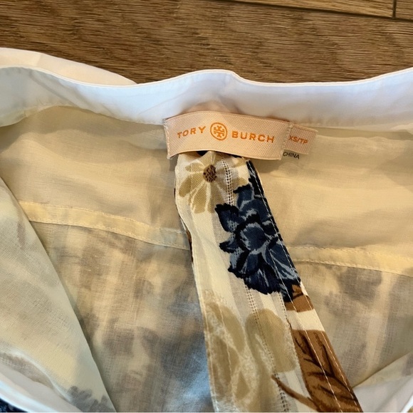 Tory Burch XS Floral Print Tunic Midi Shirtdress Long Sleeves Belted Cotton - Picture 3 of 5